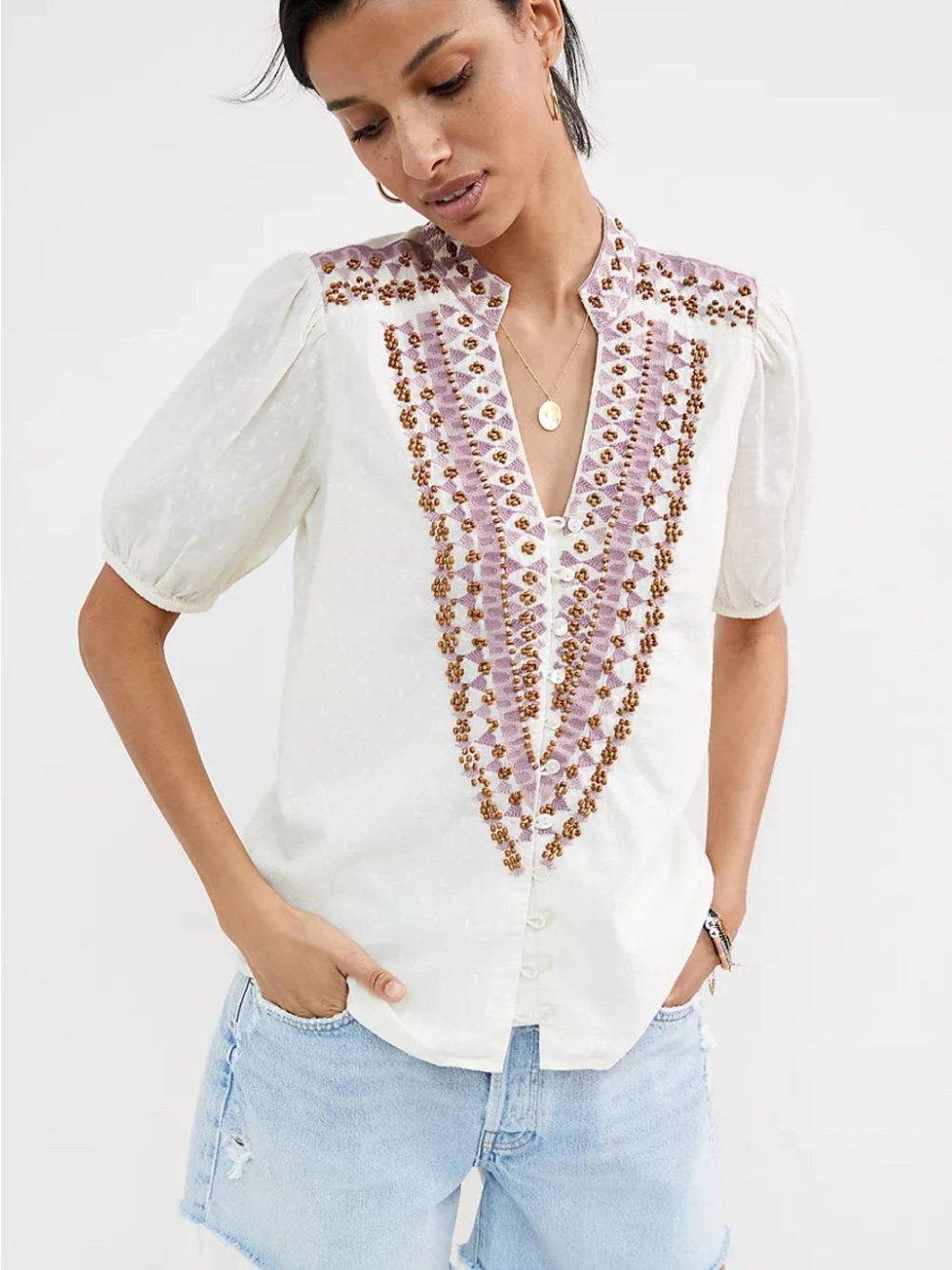 Anthropologie White Embroidered V-Neck Blouse with Pink & Gold Trim